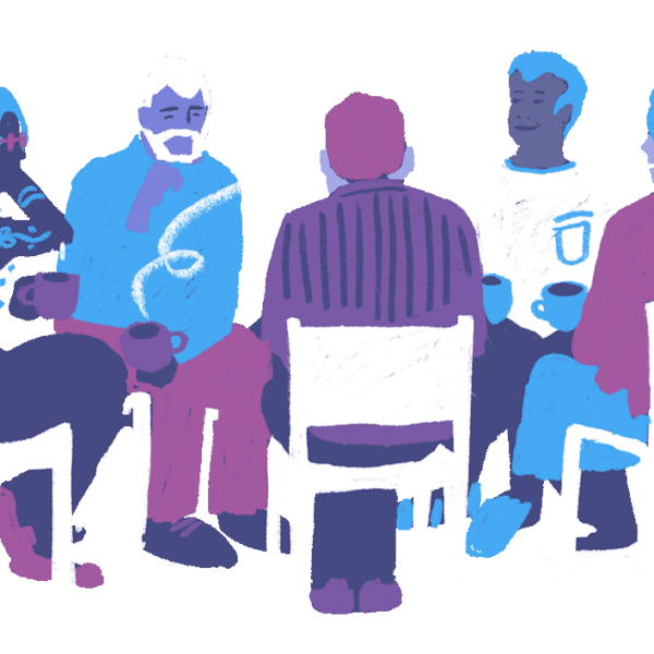 People stiing in a circle talking an drinking hot berages