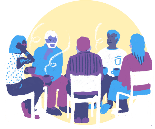 people sitting in a circle chatting with coffee and tea